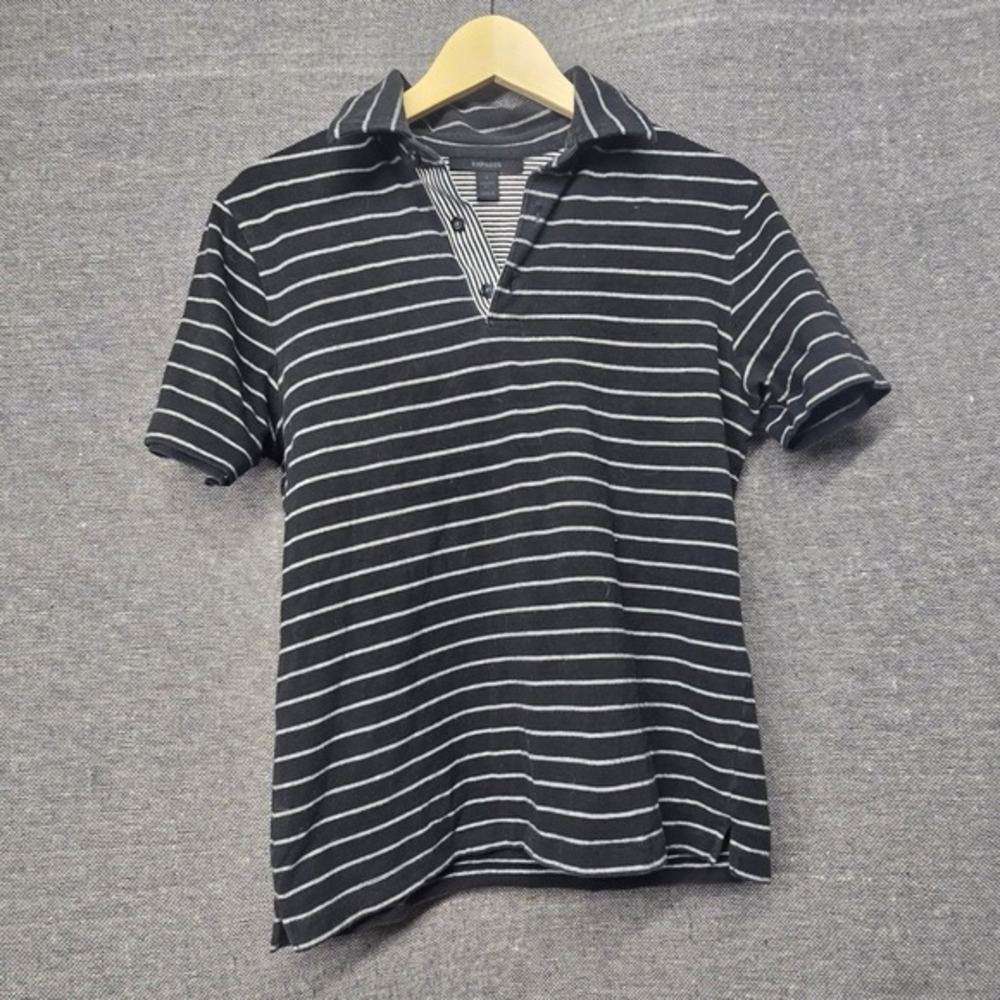 Express Mens Modern Fit Striped Polo Shirt Black White Short Sleeve Small‎